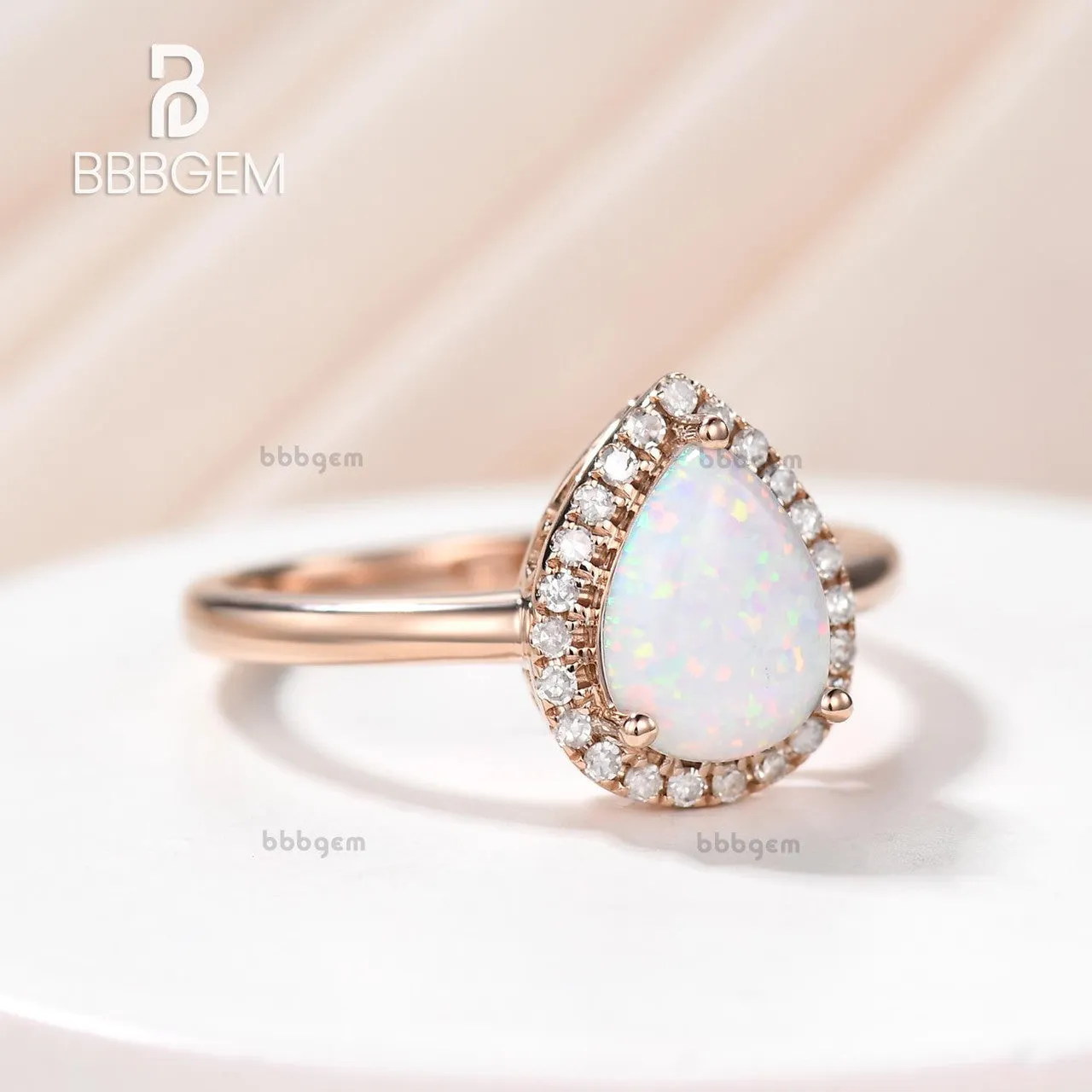 14K/18K Gold Classic Pear Shaped Opal Rose Gold Engagement Ring Halo