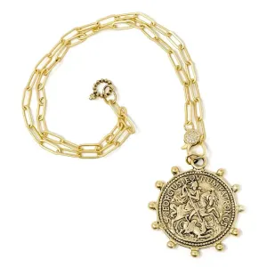 18" Matte Gold Paperclip Necklace Featuring A Dotted St. George Medallion