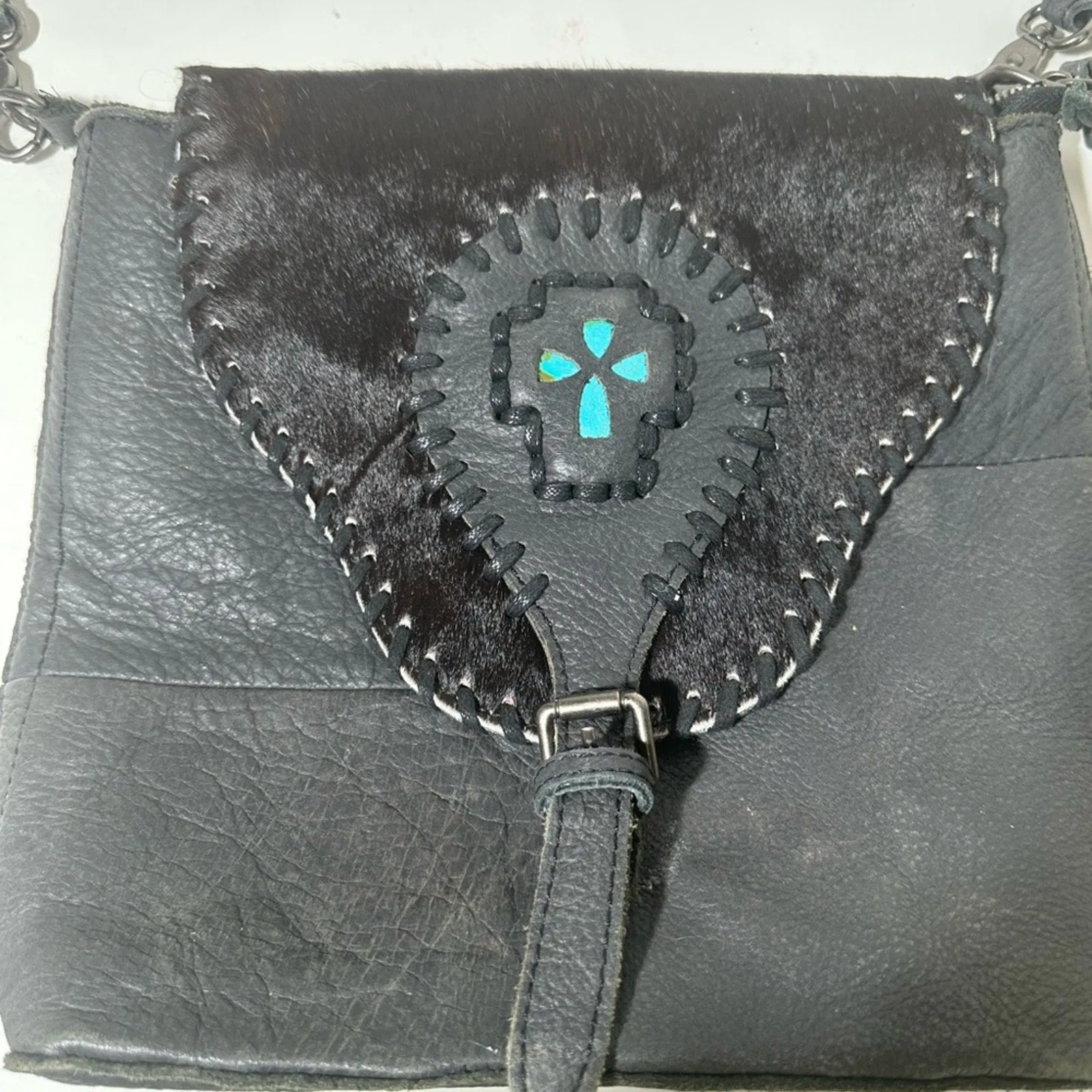 Black Leather Crossbody Bag with Turquoise Accent