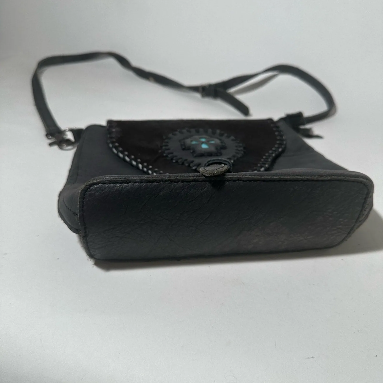 Black Leather Crossbody Bag with Turquoise Accent