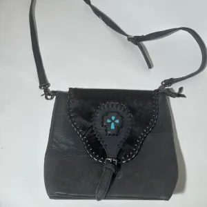 Black Leather Crossbody Bag with Turquoise Accent