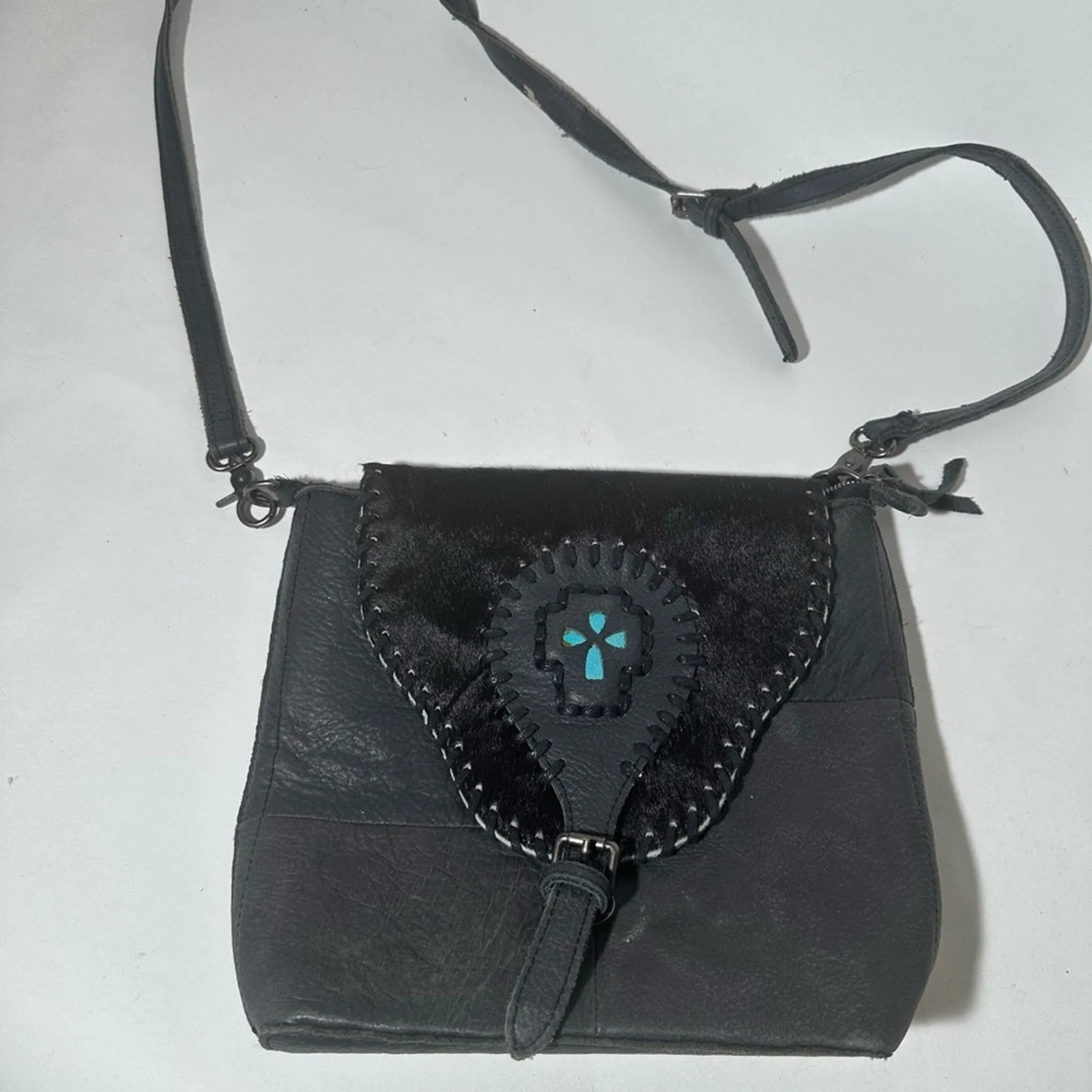 Black Leather Crossbody Bag with Turquoise Accent
