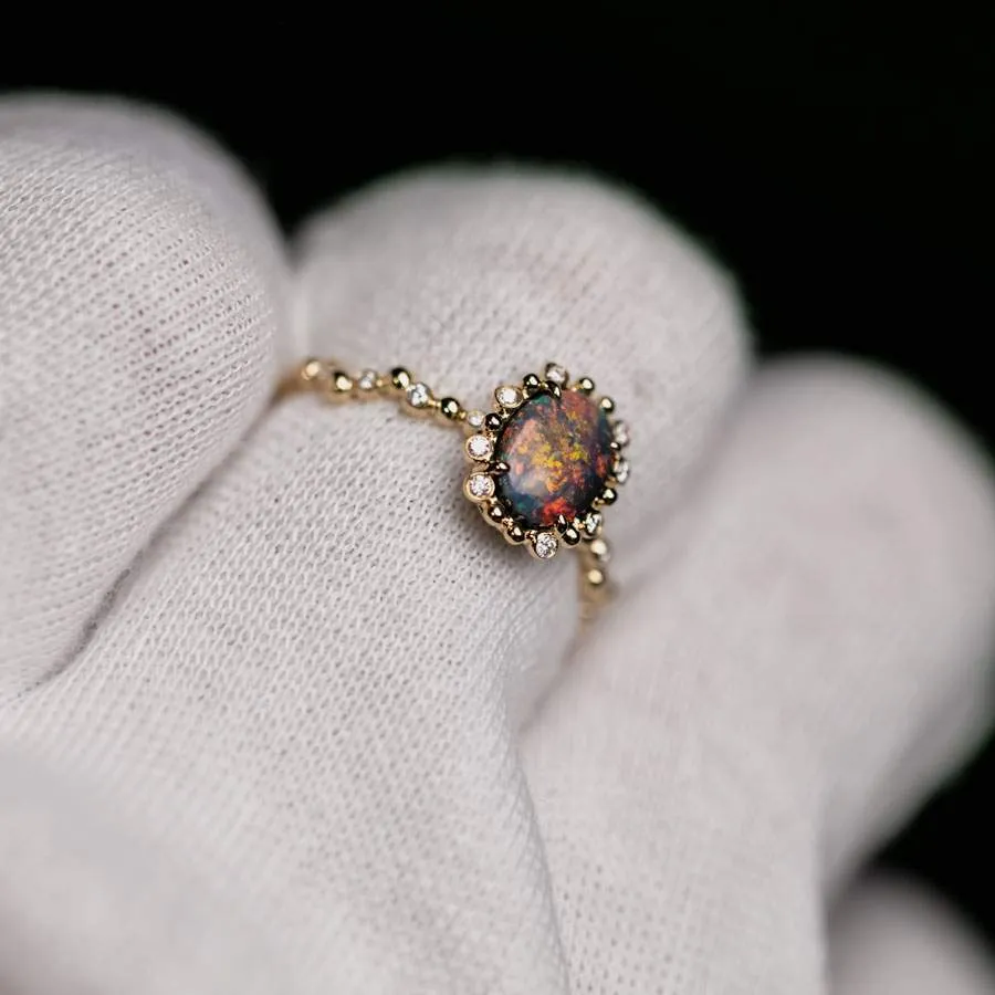 Bubble Tea Design Black Opal Diamond Engagement Ring 18K Yellow Gold