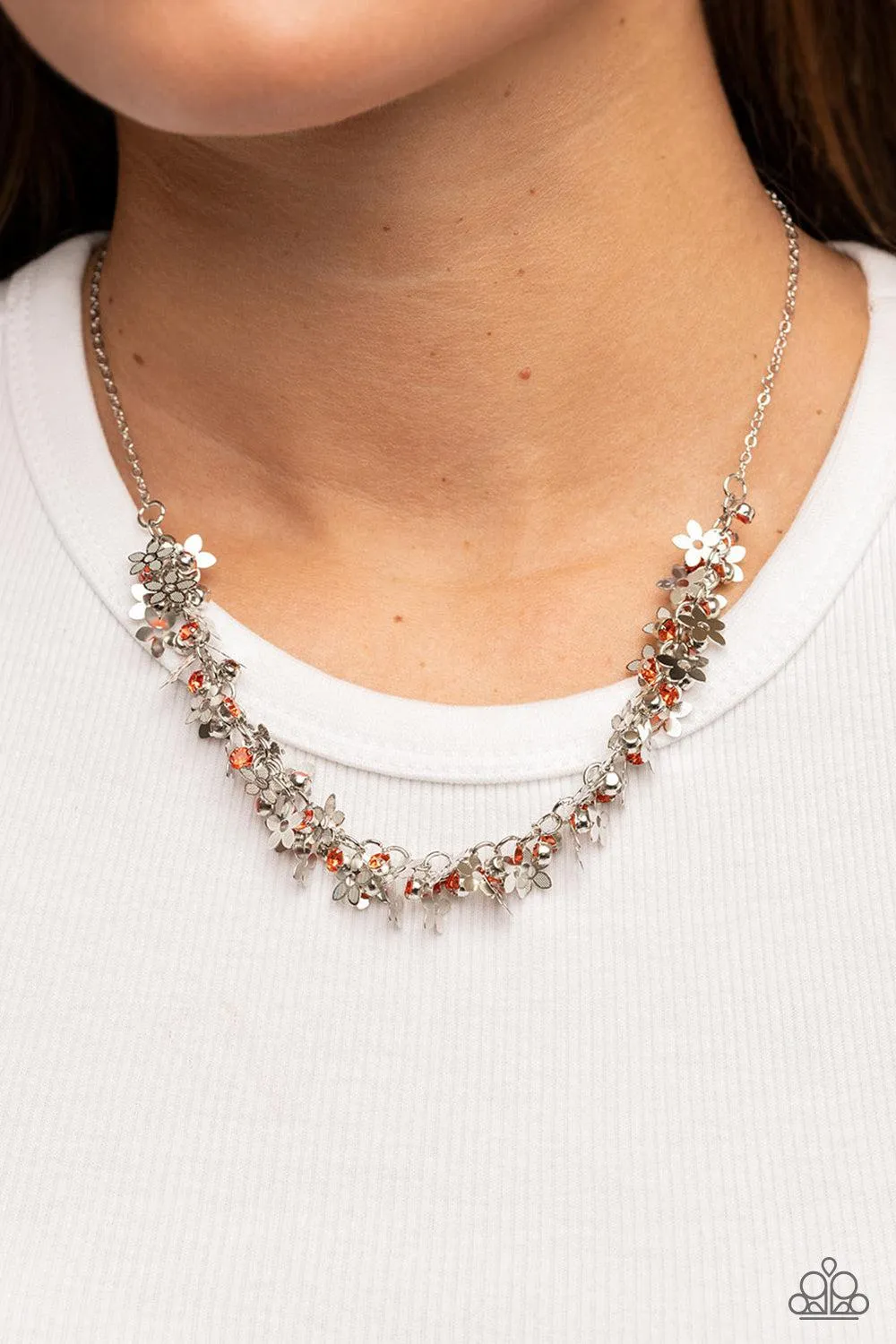 Fearlessly Floral Orange & Silver Flower Necklace - Paparazzi Accessories