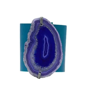 HANDCRAFTED CUFF - TEAL LEATHER PURPLE AGATE  6CMTEPU1.1