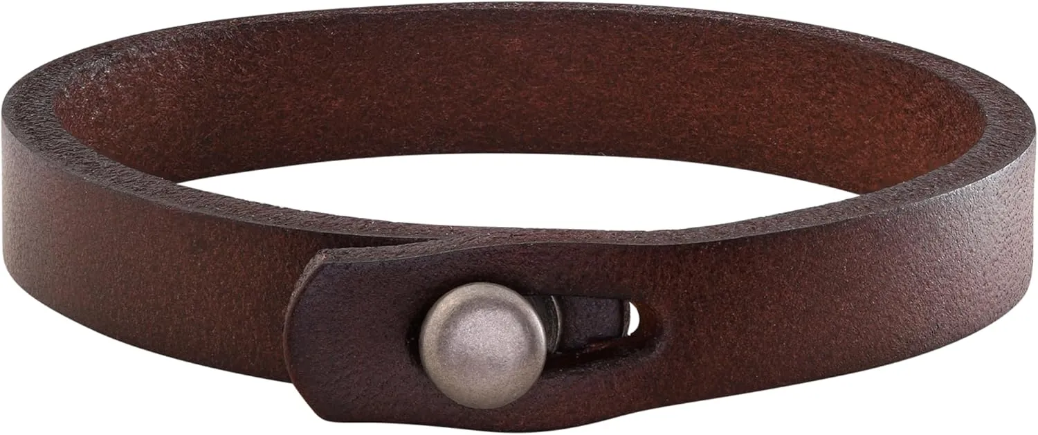 HAQUIL Rustic Brown Genuine Leather Single Wrap Bracelet with Stainless Steel Snap Clasp for Men