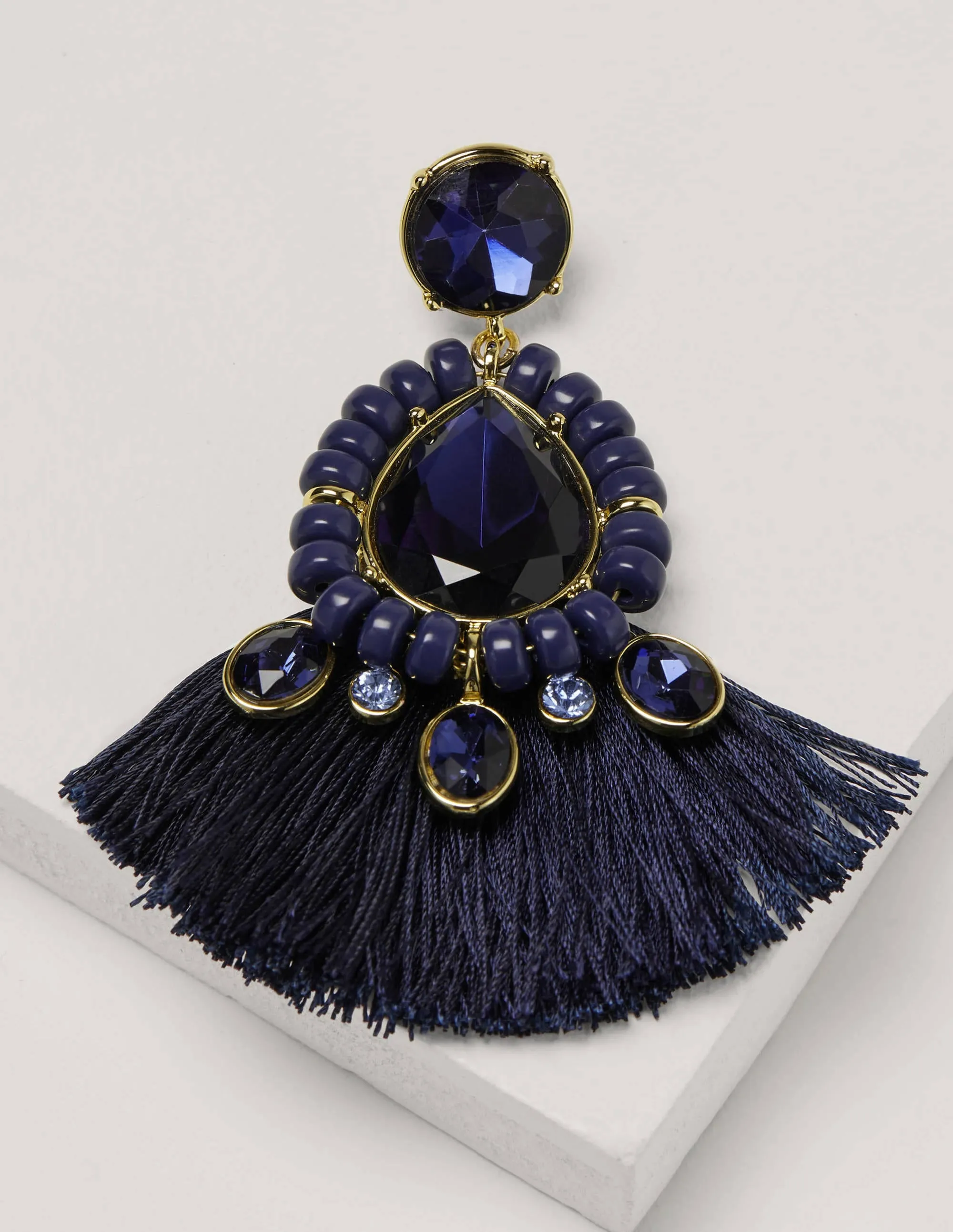 Jewelled Fringe Earrings-Navy
