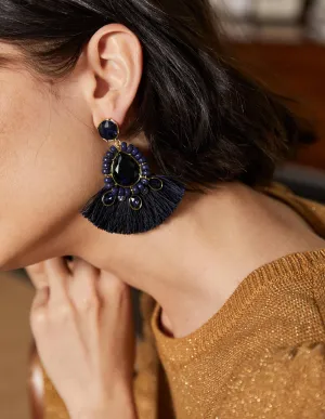 Jewelled Fringe Earrings-Navy