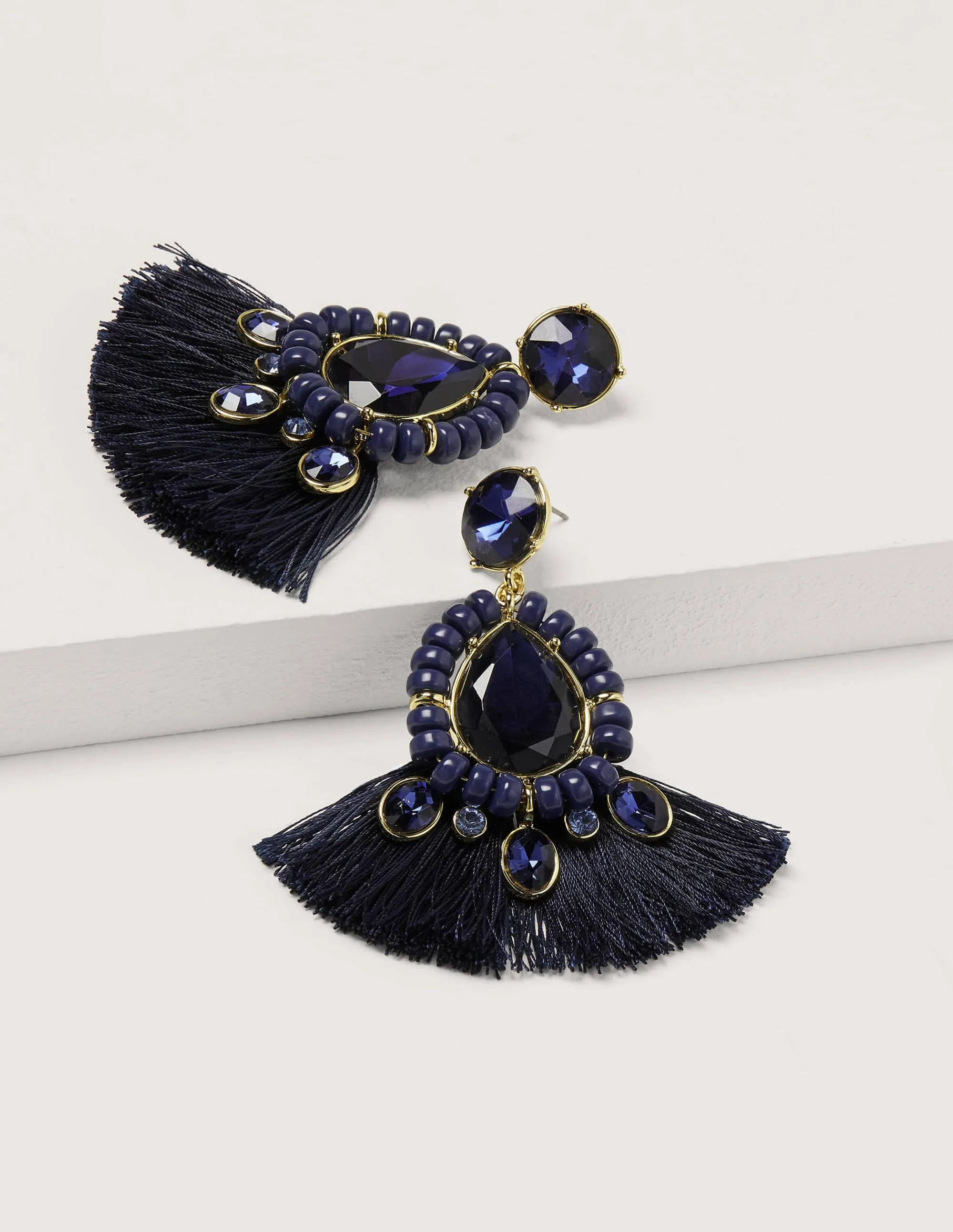 Jewelled Fringe Earrings-Navy