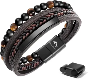 Leather Bracelet for Men, Adjustable Mens Braided Leather Bracelet with Stainless Steel Magnetic Clasp - Brown
