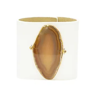 LOVED CUFF - MOONSTONE WHITE LEATHER WITH BROWN AGATE  S.1.03.001.1084