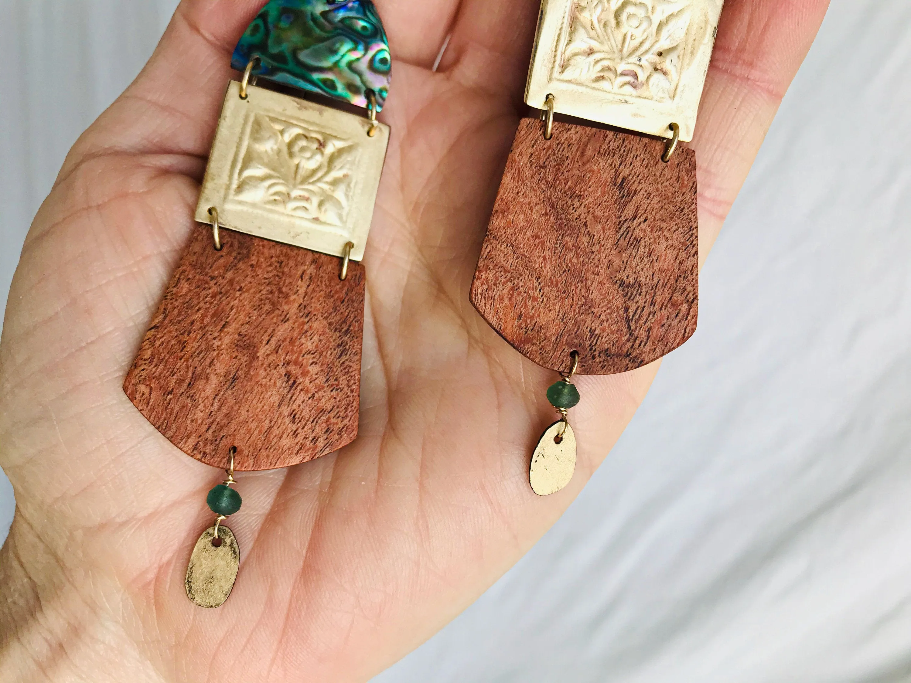 Paua, Brass and Mesquite Earrings. Old Mold.