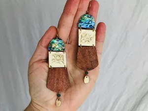 Paua, Brass and Mesquite Earrings. Old Mold.