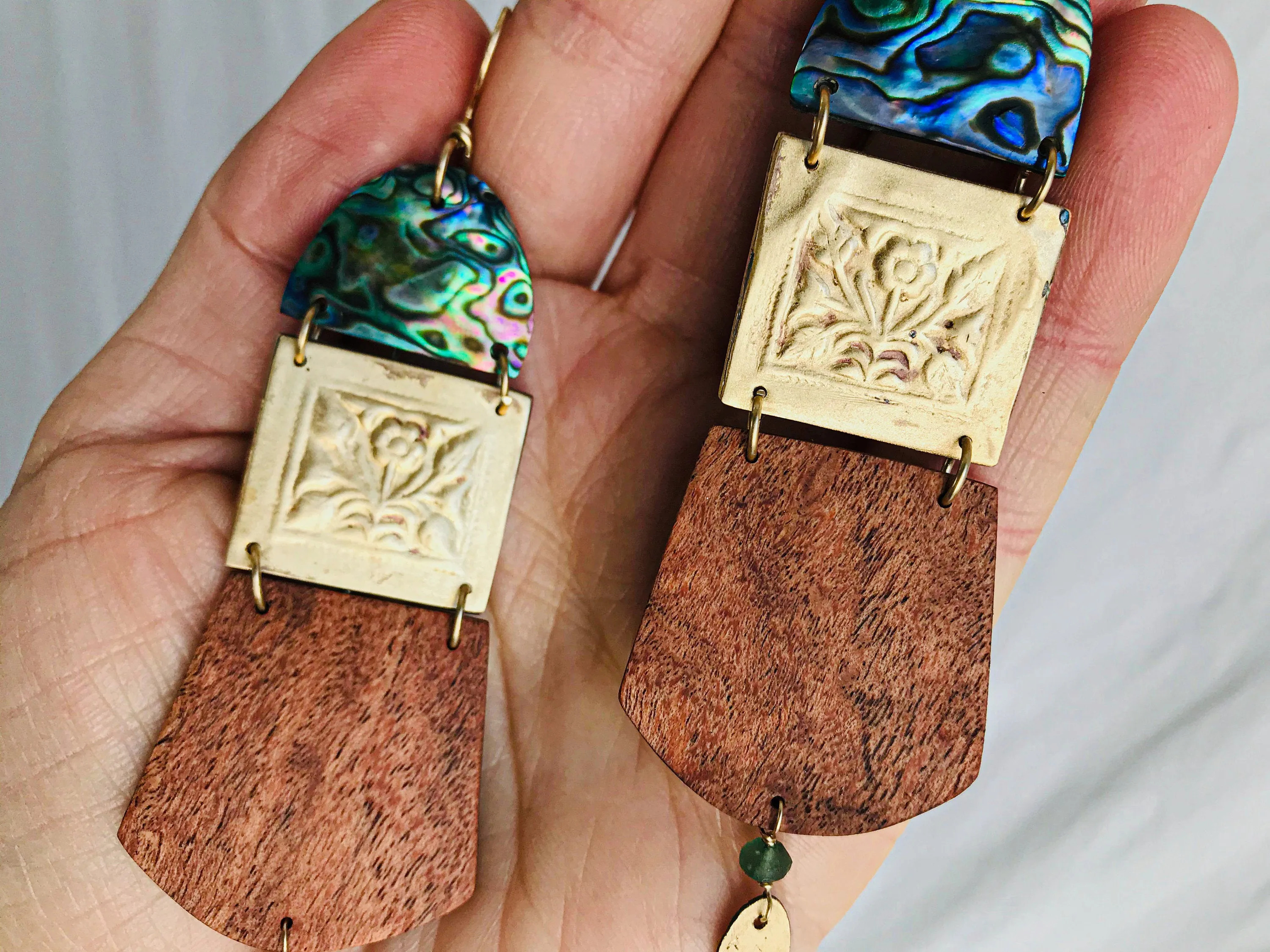 Paua, Brass and Mesquite Earrings. Old Mold.