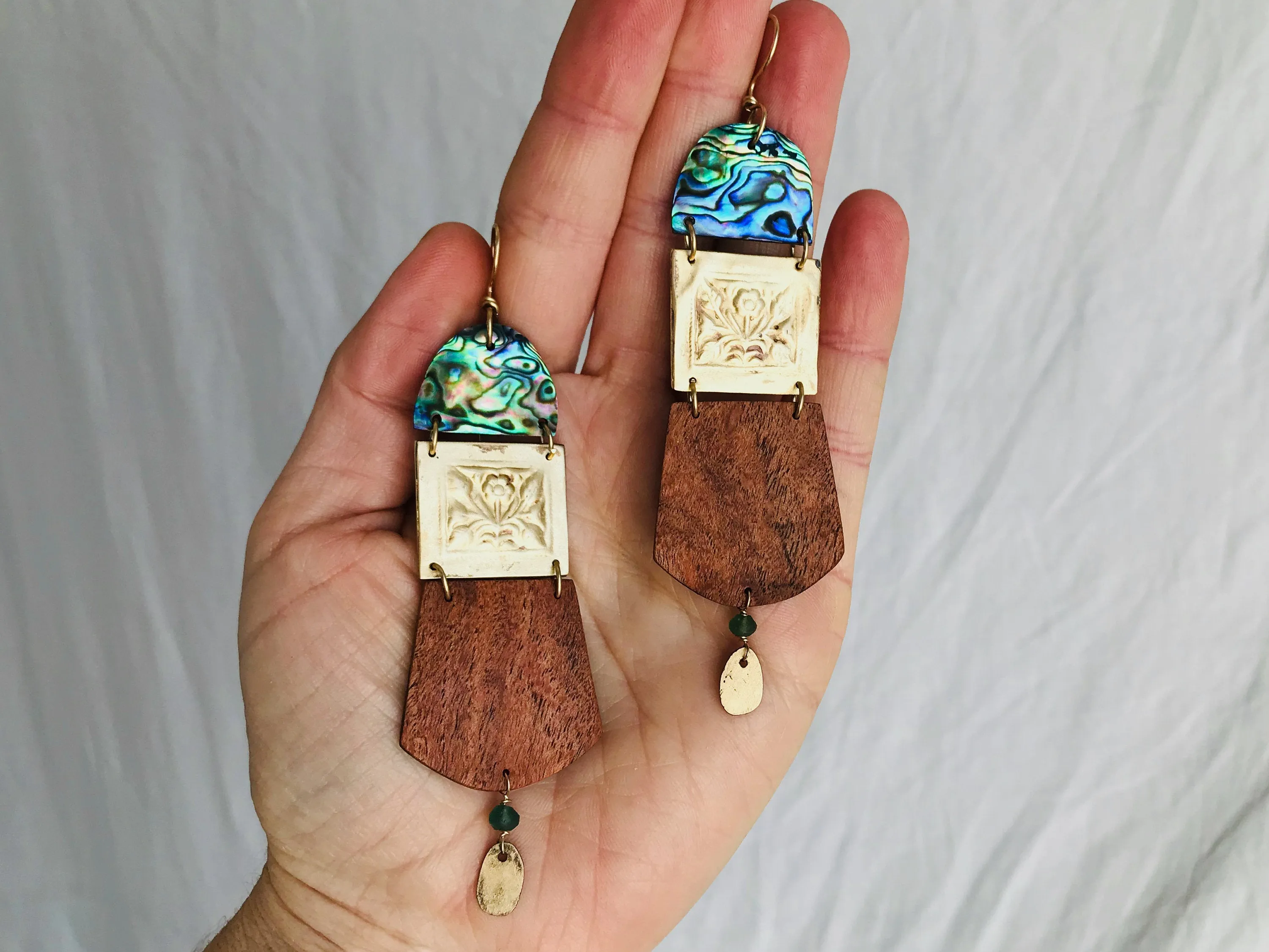Paua, Brass and Mesquite Earrings. Old Mold.