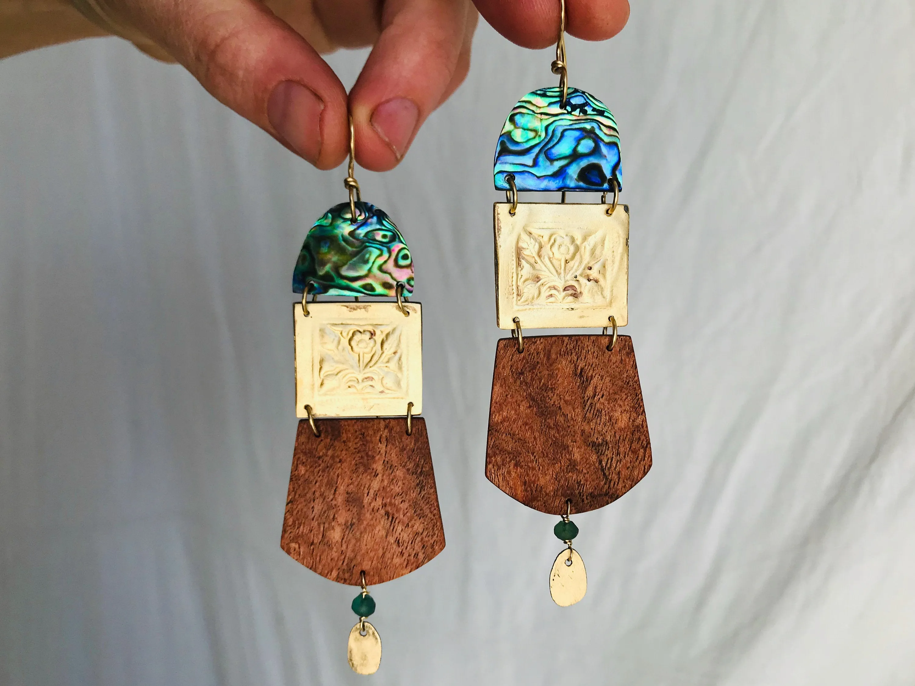 Paua, Brass and Mesquite Earrings. Old Mold.