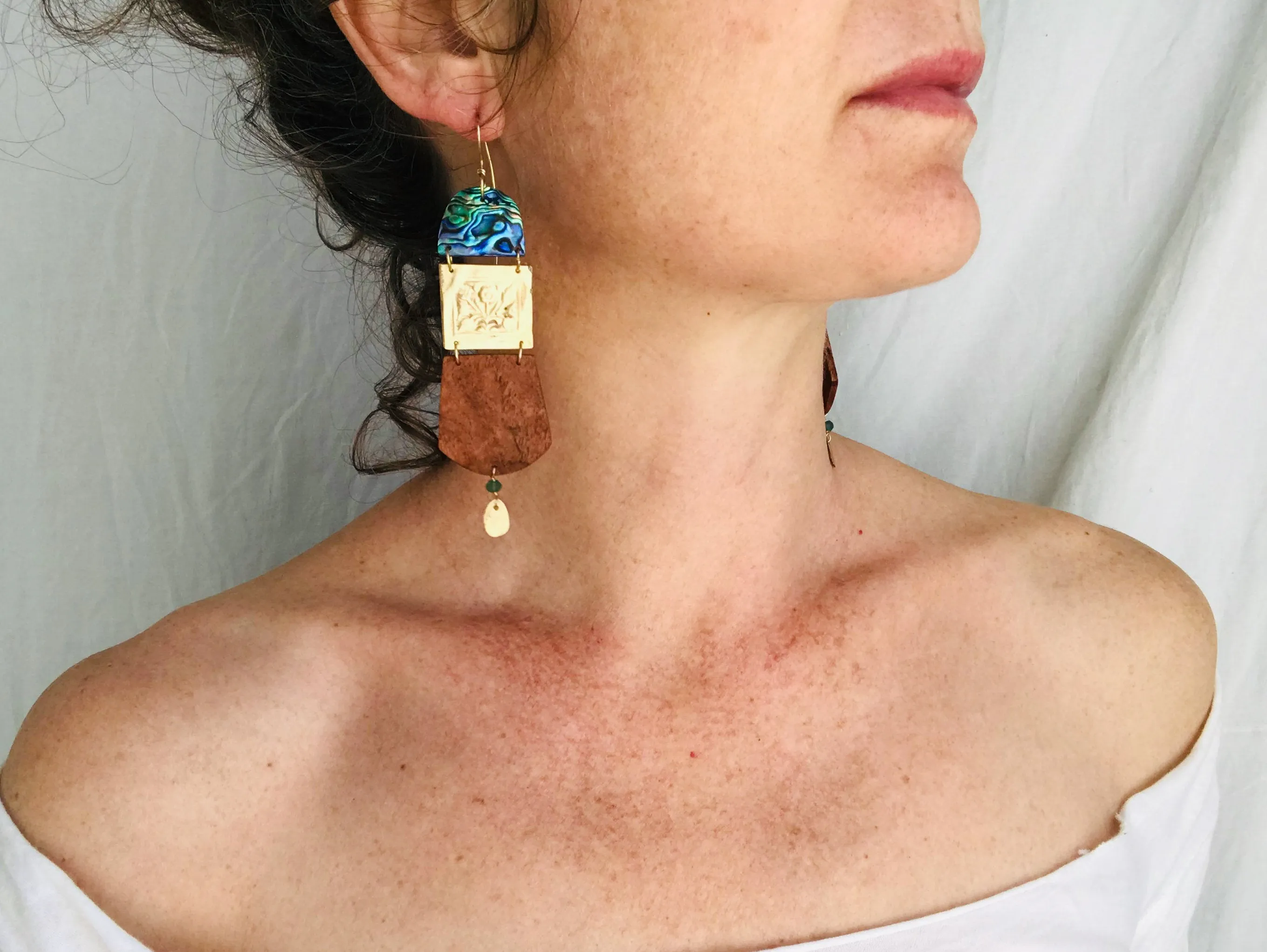 Paua, Brass and Mesquite Earrings. Old Mold.