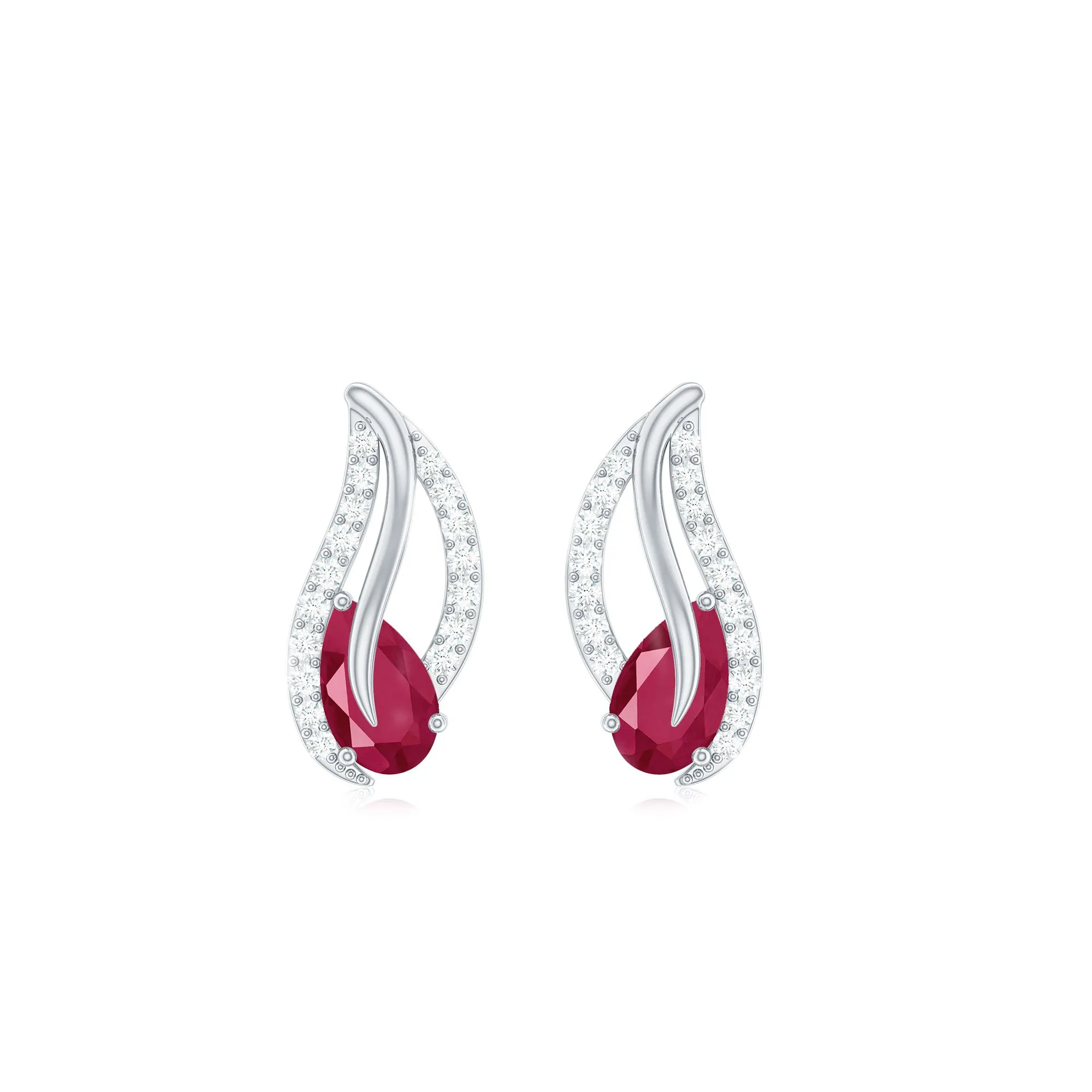 Ruby and Diamond Leaf Stud Earrings