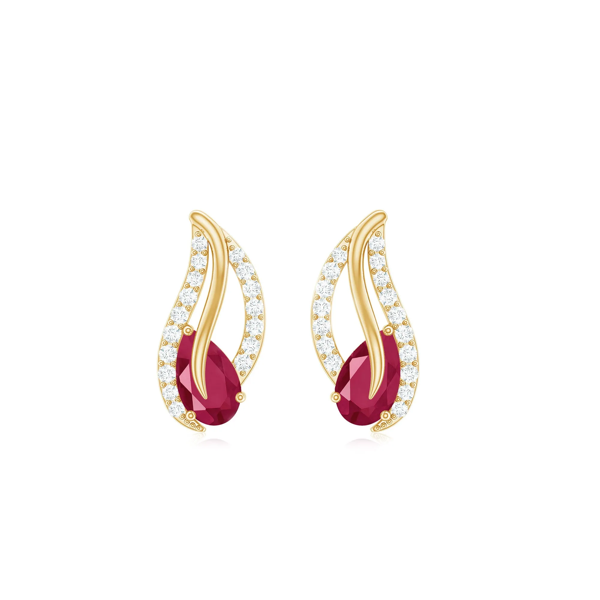 Ruby and Diamond Leaf Stud Earrings