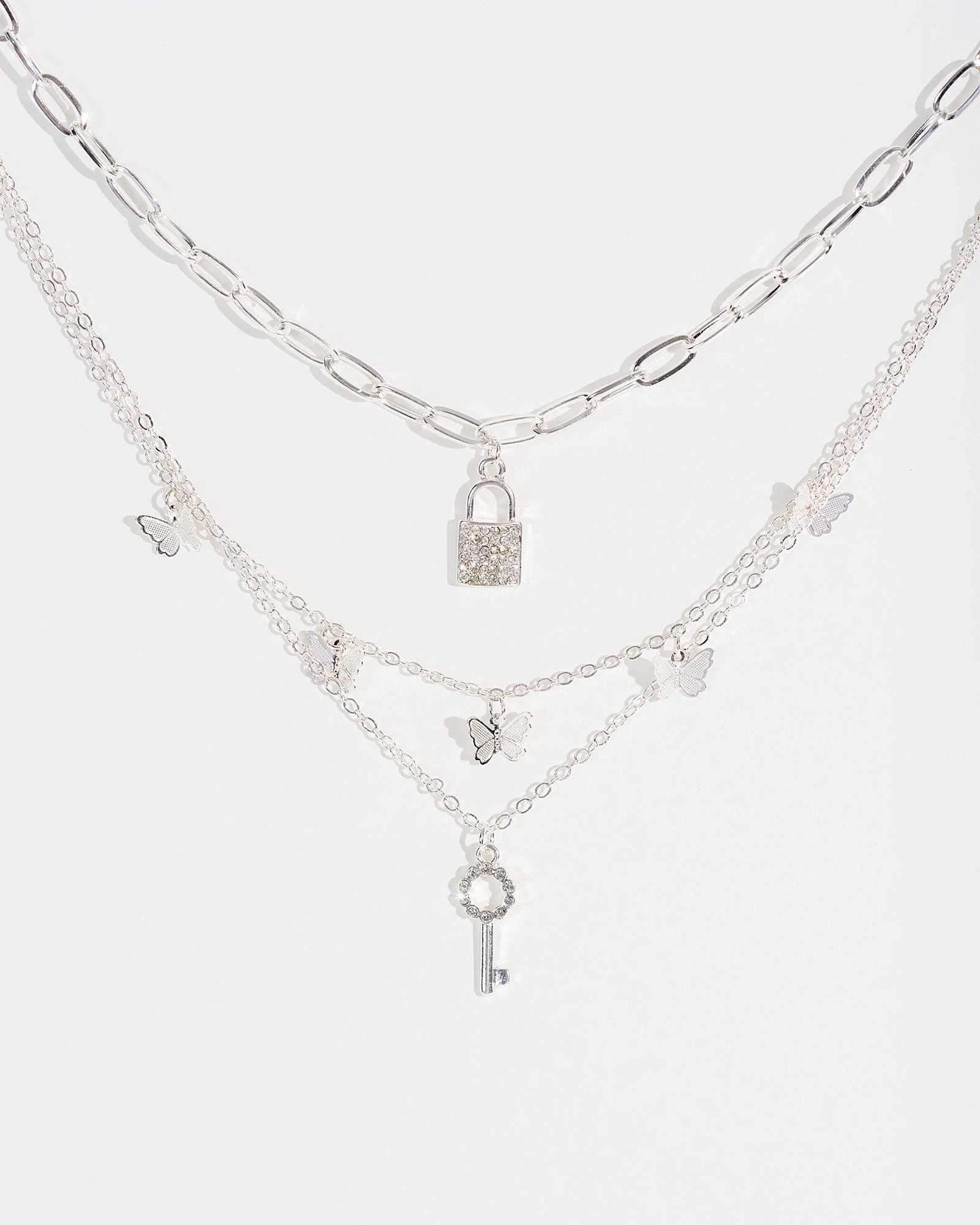 Silver Lock And Key Layered Necklace