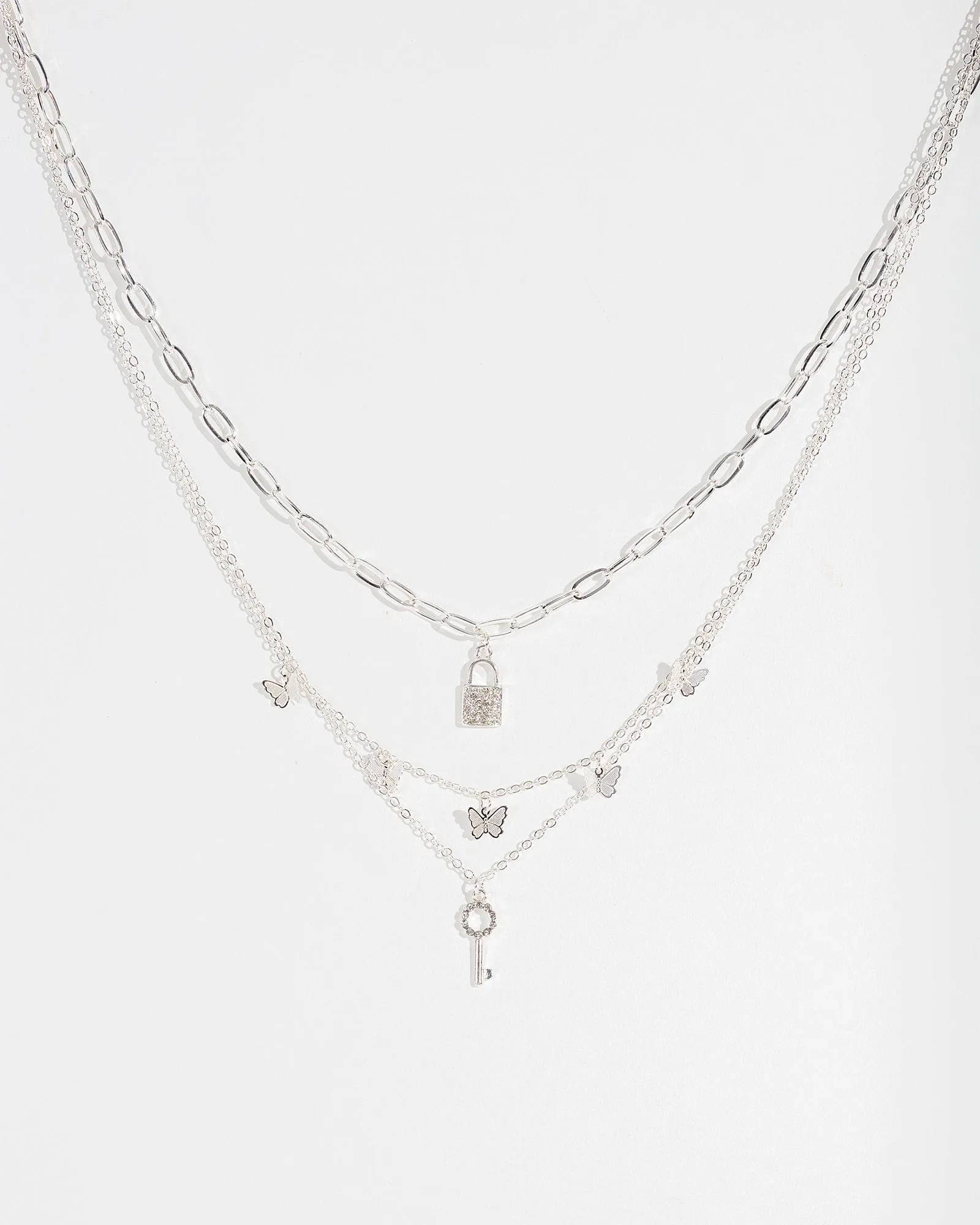 Silver Lock And Key Layered Necklace
