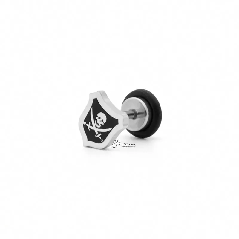 Stainless Steel Pirate Skull and Cross Swords Fake Plug Earring