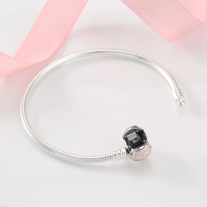 Sterling Silver Snake Chain Bracelet with Pink Rose Clasp