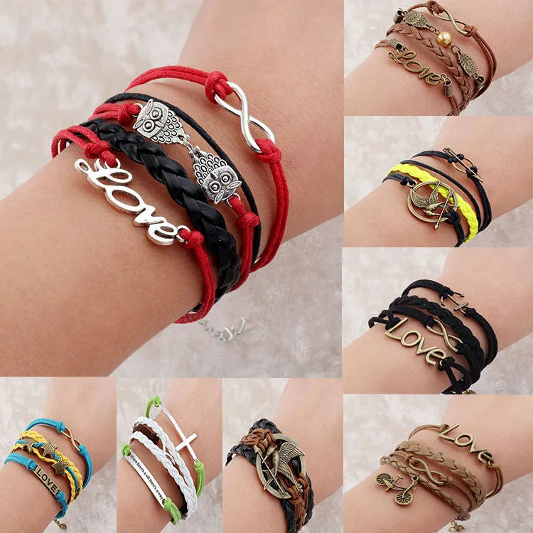 Vintage Braided Anchors bracelet best friends Leather Bracelet men jewelry heart charm Bracelets for women