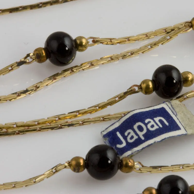 Vintage Japanese Brass Snake Chain with Black Glass and Brass Beads.  24" finished lengths. Sold individually.  b12-chn594