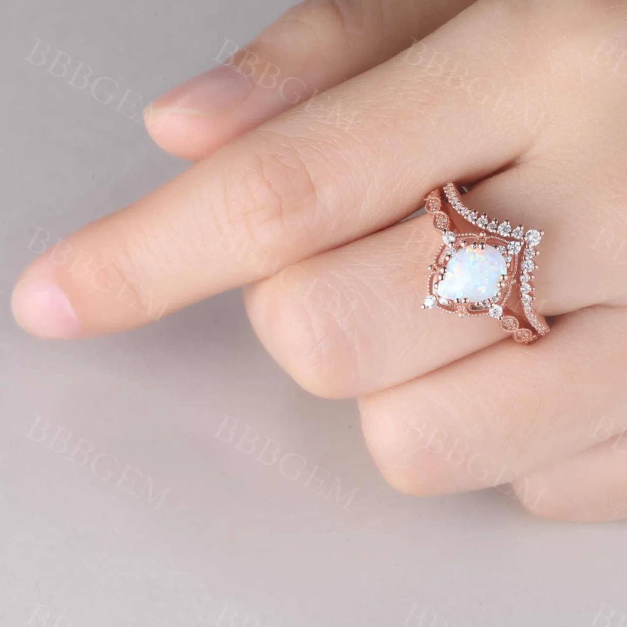 Vintage White Opal Engagement Ring Set Rose Gold Rings for Women Bridal Anniversary Ring Set