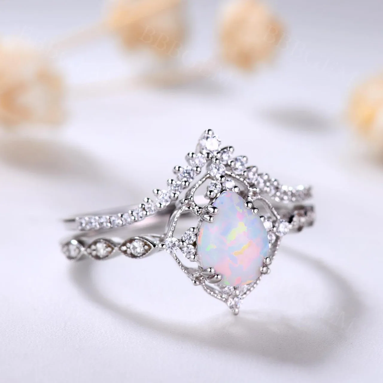 Vintage White Opal Engagement Ring Set Rose Gold Rings for Women Bridal Anniversary Ring Set
