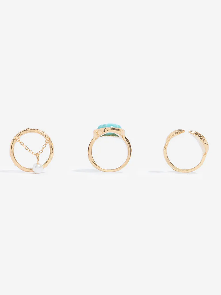 Westside Accessories Gold Shells and Agate Rings Set - Pack of 3